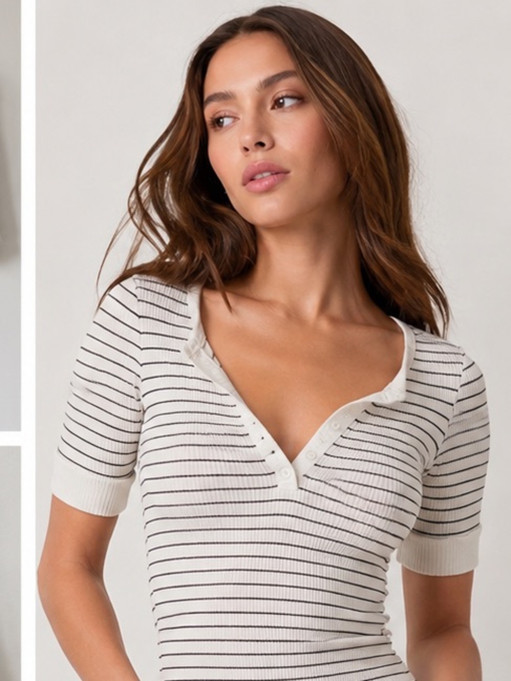 Wilfred  Body-Hugging Ribbed Striped Henley Top | Cream + Black